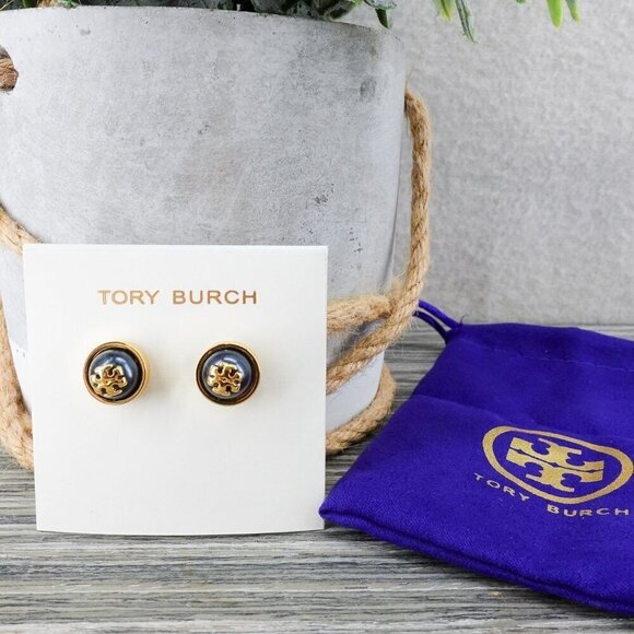 Tory Burch Melodie Pearl Logo Stud Dome Earrings Black/Tory Gold OS - Picture 9 of 13